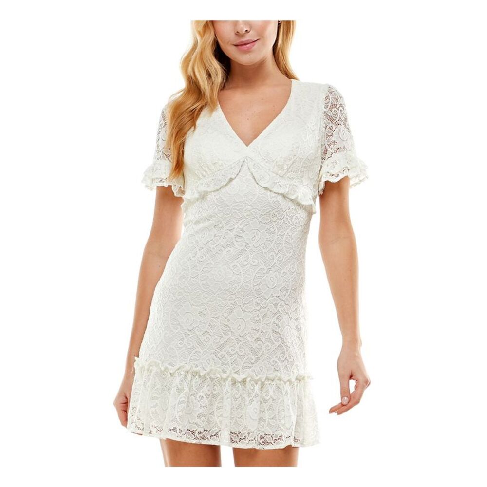 CITY STUDIO Womens Fit + Flare Short Dress Ivory Short Sleeve Lined Juniors 9